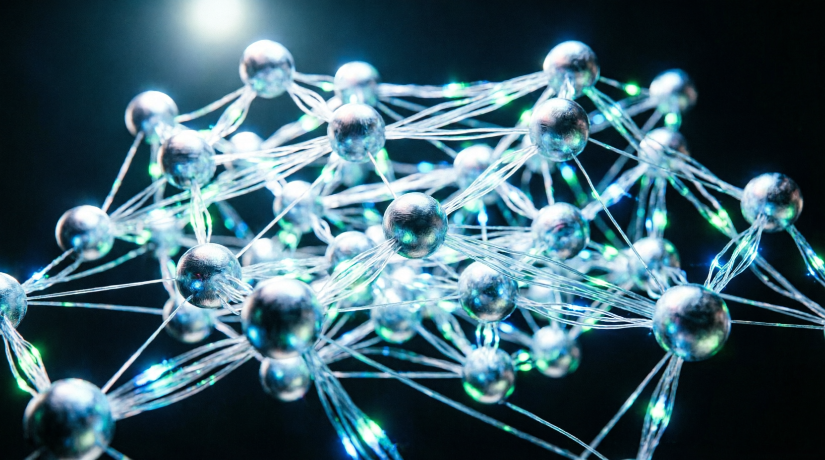 A sophisticated neural network visualization with glowing interconnected nodes and light pulses on a dark background