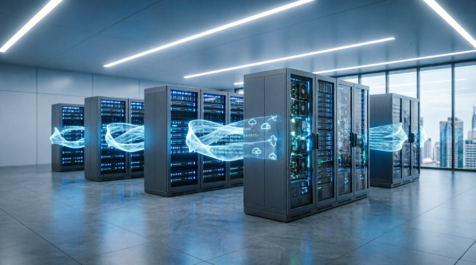 A high-tech data center with glowing blue server racks and digital data streams representing cloud computing infrastructure